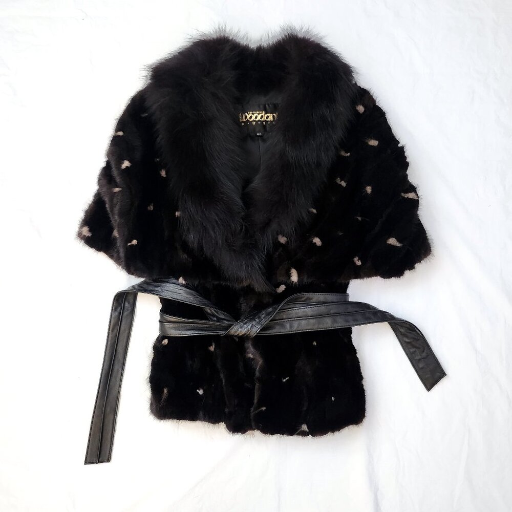 Women's Brown Mink Fur Short Sleeve Kimono Coat & Leather Belt, Size 66/Med